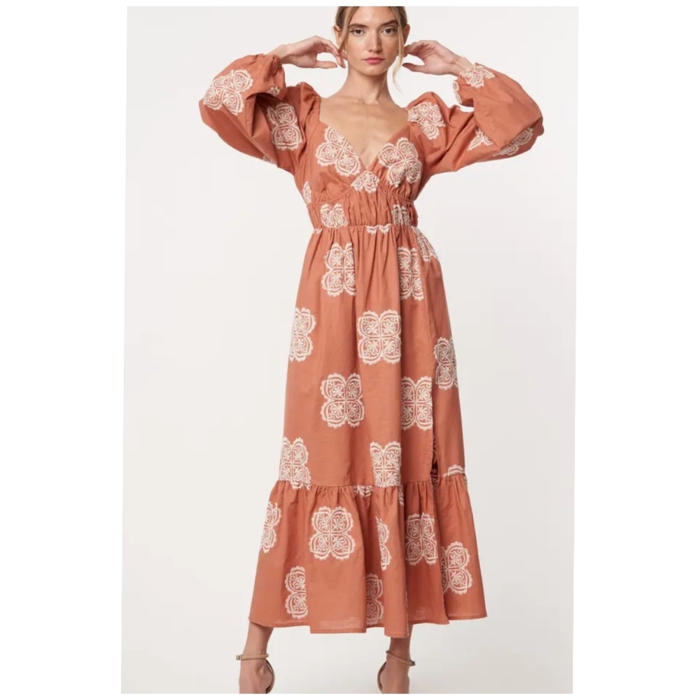 CIEBON Serbita Medallion Embroidery Long Sleeve Cotton & Linen Midi Dress 12